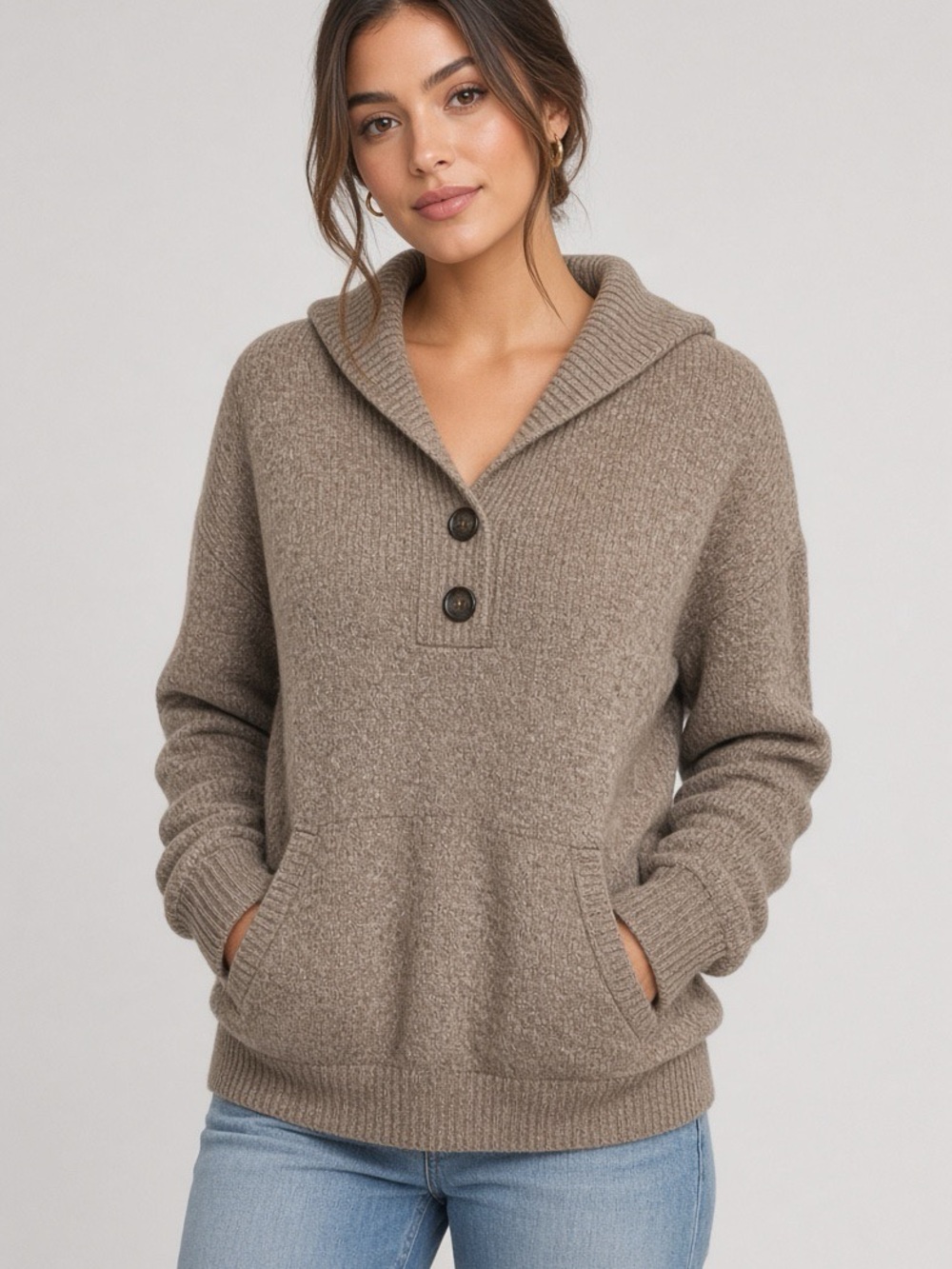 Banana Republic Taupe Shawl-Collar Pullover with Button Placket